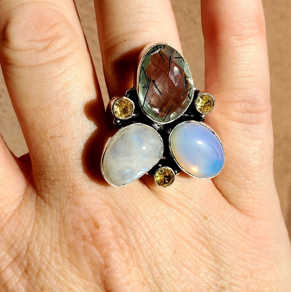 New Rutile Quartz, Opalite, Citrine & Rainbow Moonstone 925 Silver Ring. - Picture 7 of 14